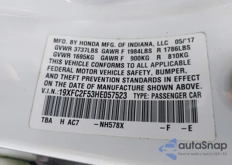 2017 Honda Civic Lx из США, поврежденный, VIN 19XFC2F53HE057523
